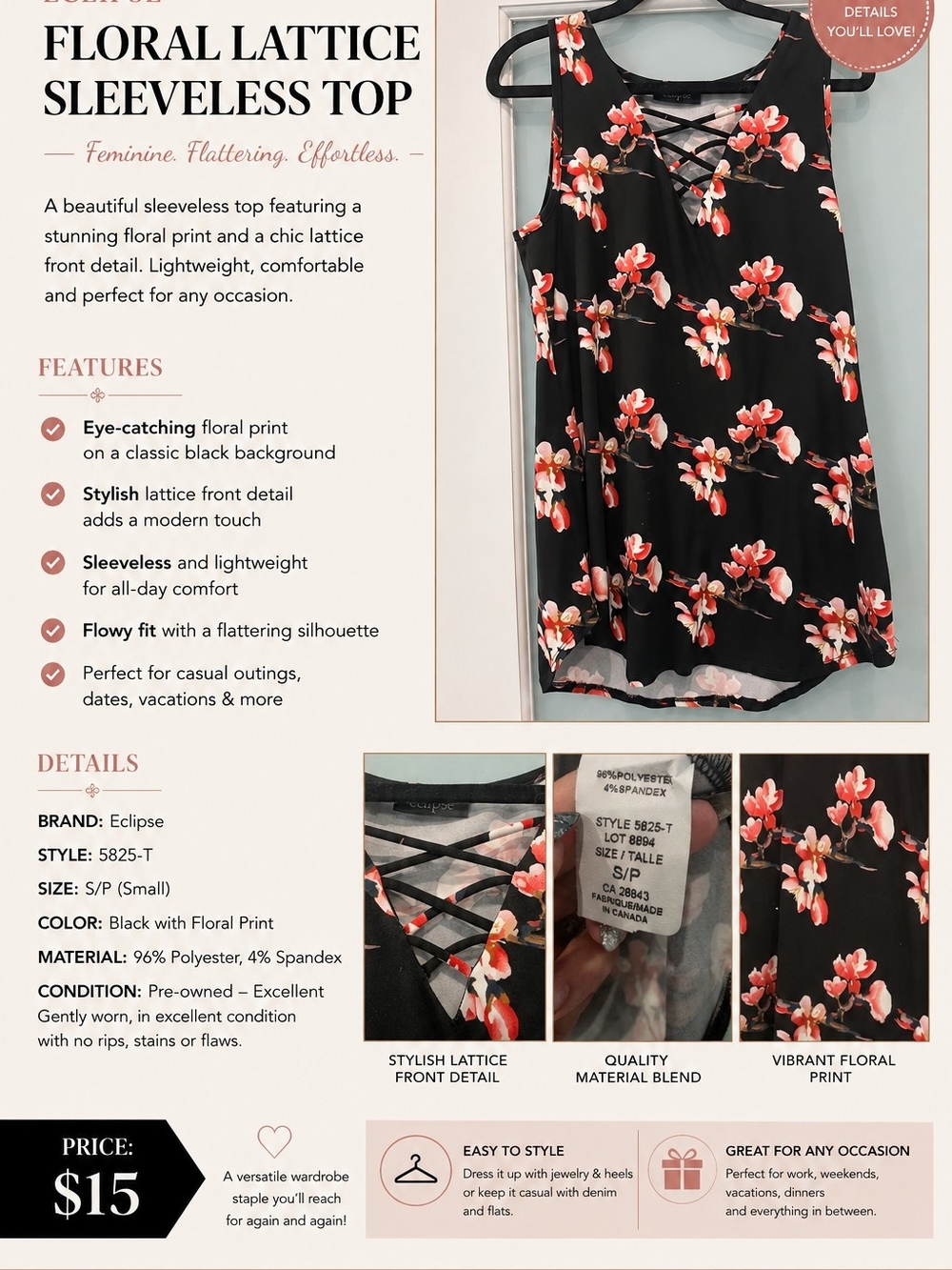 Eclipse Black Top with Pink Floral Lattice Front